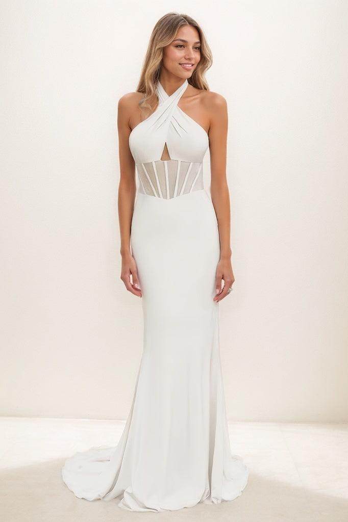 Modest Halter Sleeveless Outcut Elastic Satin Prom Dresses CS0822 - COCOMELODY